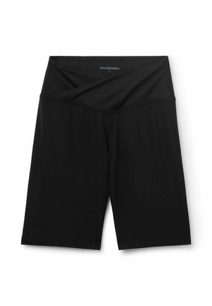 Black high-waist biker shorts with a folded-over waistband and subtle Calzedonia logo inside waistband, size small.