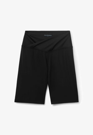 Black high-waist biker shorts with a folded-over waistband and subtle Calzedonia logo inside waistband, size small.