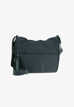 Borsa a tracolla grigia scura realizzata in tessuto testurizzato. Caratterizzata da una parte superiore con zip, tracolla regolabile e una tasca frontale con dettaglio del marchio.