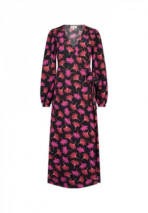 Long black dress featuring a V-neck and balloon sleeves, adorned with pink and red floral patterns throughout. Made of lightweight fabric.