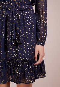 Marinblå klänning med gyllene blommönstrade metalliska accenter, långa ärmar, midja med bälte och volangkant. Lätt, genomskinligt tyg.