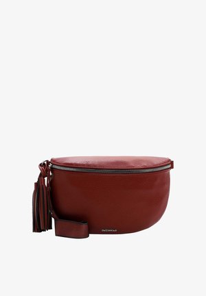 Rode leren schoudertas met een ronde vorm, textuurafwerking, zilveren rits en een franjeaccent aan de zijkant. Inclusief verstelbare schouderriem.