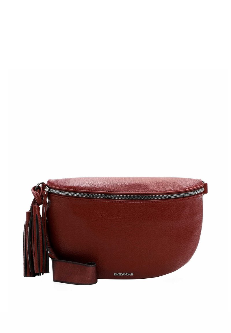 Bolso bandolera de cuero rojo con forma redondeada, acabado texturizado, cremallera plateada y un detalle de borlas en el lateral. Correa ajustable incluida.