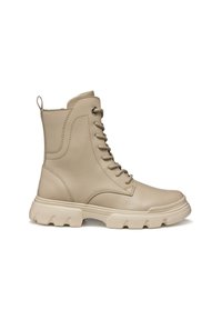 Stivale alla caviglia in finta pelle beige con lacci, punta rotonda, suola texturizzata e un tira su sul retro, con un design della suola massiccia.