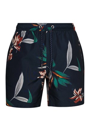 Costumi da bagno da uomo in tessuto blu navy con motivo floreale caratterizzato da fiori bianchi e arancioni e foglie verdi. Vita con cordino e accessori in metallo.