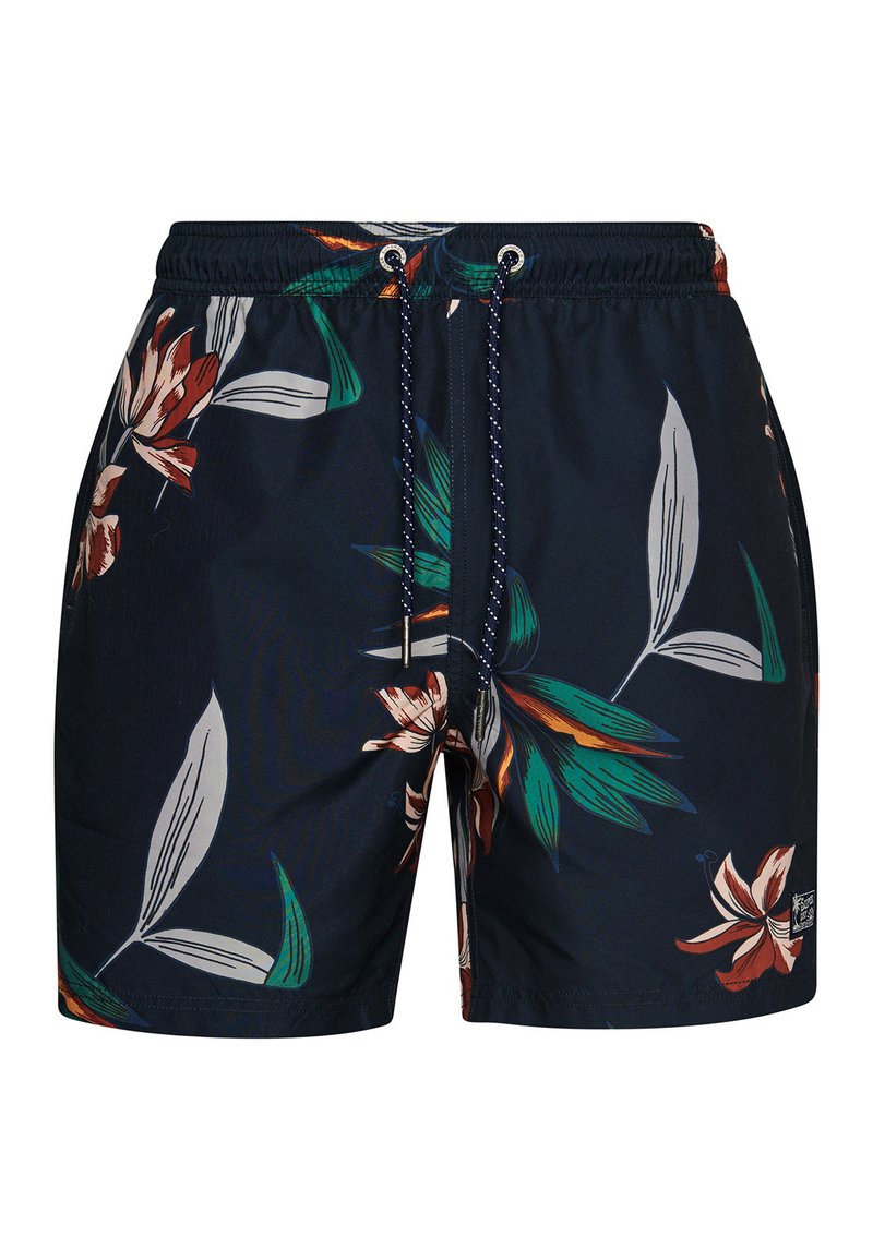 Costumi da bagno da uomo in tessuto blu navy con motivo floreale caratterizzato da fiori bianchi e arancioni e foglie verdi. Vita con cordino e accessori in metallo.