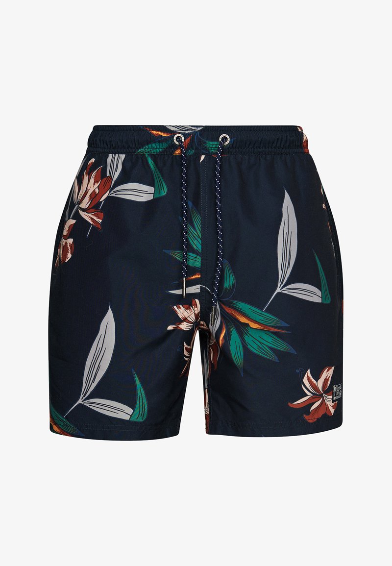 Costumi da bagno da uomo in tessuto blu navy con motivo floreale caratterizzato da fiori bianchi e arancioni e foglie verdi. Vita con cordino e accessori in metallo.