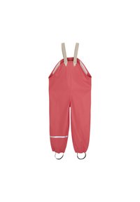 Rosa vattentäta overaller med beige justerbara remmar, elastiska ärmslut och reflexband vid knäna. Snygg, hållbar och sömlös design.