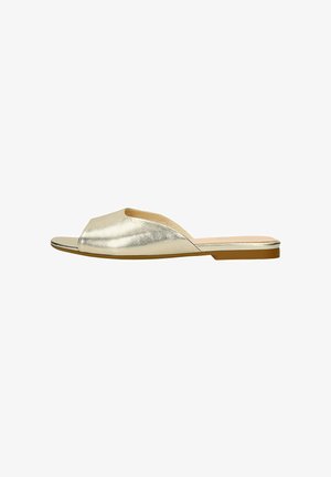 Gold metallic slip-on sandals with an open toe, smooth texture, and minimalist design. Flat sole and soft inner lining for comfort.