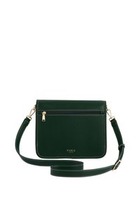 Borsa a tracolla in pelle verde scuro con tasca zipper frontale, cuciture bianche e accessori in oro. Dotata di tracolla regolabile.