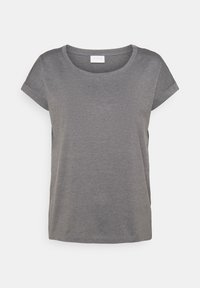 Grå kortærmet T-shirt i blødt stof med rund hals, der har en afslappet pasform og optrællede ærmer. Etiketten er synlig ved halsudskæringen.