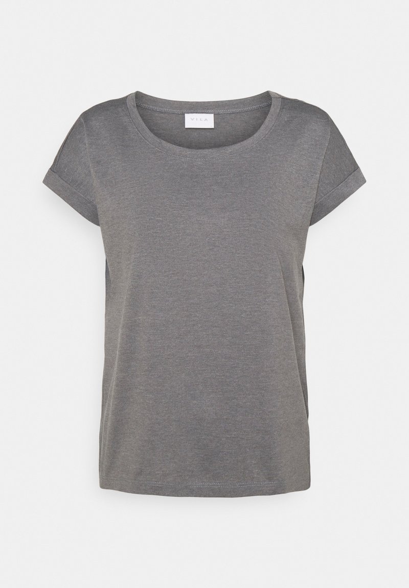 Grå kortærmet T-shirt i blødt stof med rund hals, der har en afslappet pasform og optrællede ærmer. Etiketten er synlig ved halsudskæringen.