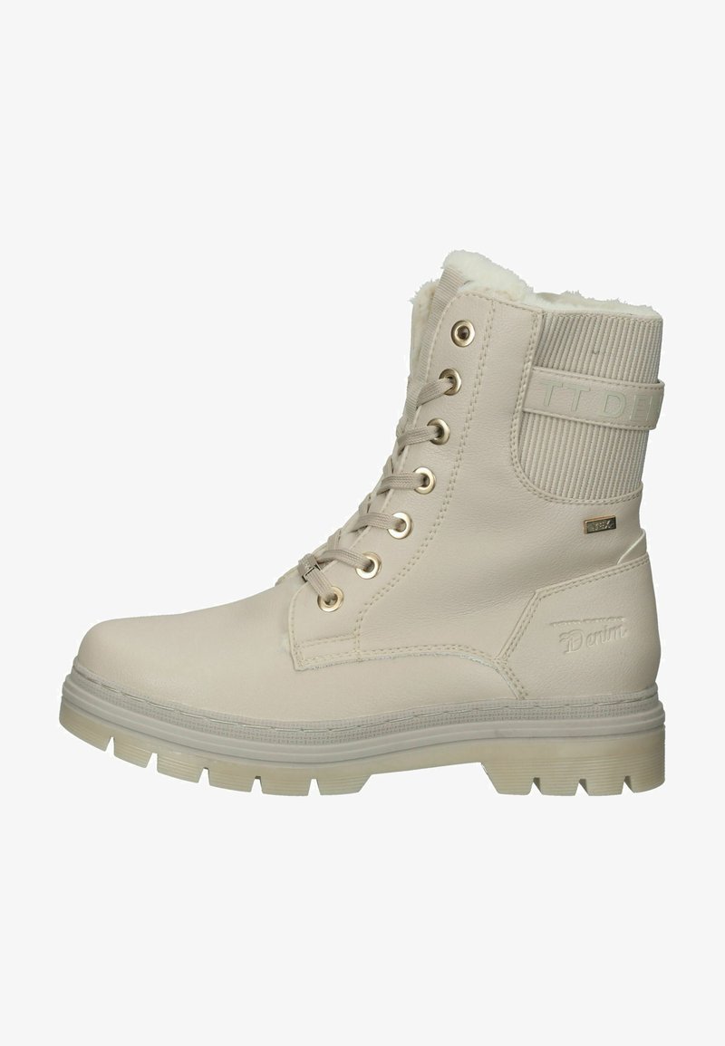 White leather ankle boots with a lined interior, flexible sole, and gold hardware. Features a textured strap at the top with embossed branding.