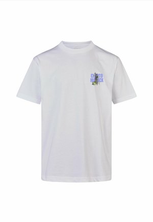 White cotton t-shirt with short sleeves and crew neck. Features a small graphic print on the left chest in blue and green colors.