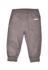 Gray corduroy trousers with an elastic waistband, two back pockets, and elastic cuffs. Features vertical ribbing texture.