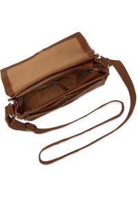 Borsa a tracolla in pelle marrone con un ampio scomparto principale, tasca interna con zip e tracolla regolabile. Presenta una superficie liscia e una finitura opaca.