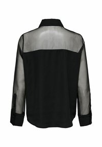 Crna majica sa prozirnim leđima i rukavima, s čvrstom prednjom stranom, dugmadima na manžetama i klasičnom kragnom. Glatka tekstura i lagani dizajn.