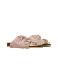 Roze glinsterende slide sandalen met open teen, voorzien van verstelbare banden en een zachte bontvoering, geplaatst op een bruine kurken zool.