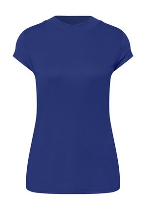 Blå kortærmet, rundhalset tætsiddende t-shirt med en glat overflade og uden synlige logoer eller mønstre.