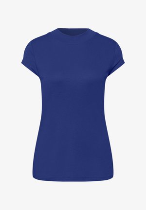 Blå kortærmet, rundhalset tætsiddende t-shirt med en glat overflade og uden synlige logoer eller mønstre.