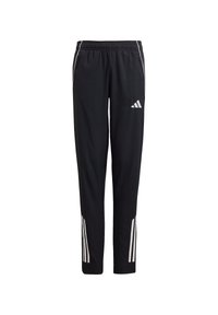 Schwarze Sporthose mit einem Kordelzugbund, die drei weiße Streifen an den Unterschenkeln und ein Adidas-Logo am linken Oberschenkel hat.