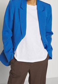 Blue structured blazer with peak lapels, paired with a white t-shirt and brown trousers. Blazer features a button detail on the sleeve.