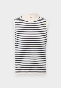 Sleeveless top with a high, ribbed neckline. Features horizontal navy and white stripes and a fitted silhouette. Soft knit material.