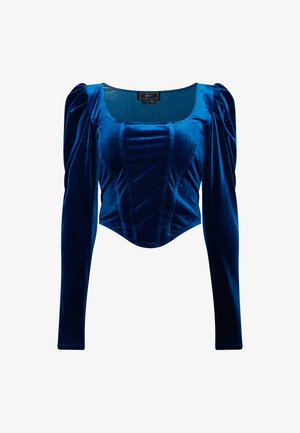 Samet sinine pika varrukaga topp, millel on sobiv siluett, ruudukujuline kaelus ja kogutud õlavarre detailid; sile tekstuur ja struktureeritud õmblused.