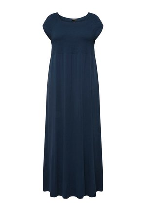 Navyblauwe maxi-jurk met een gesmokt lijfje en kapmouwen. Zachte stof met een vloeiende rok, die een ontspannen silhouet biedt.