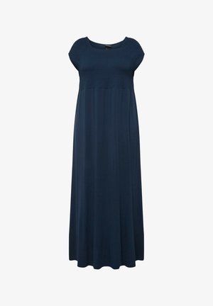 Navyblaues Maxikleid mit gerafftem Oberteil und kurzen Ärmeln. Weicher Stoff mit einem schwingenden Rock, der eine entspannte Silhouette bietet.