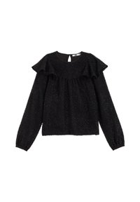 Črna teksturirana bluzica z nabranimi rameni, dolgimi rokavi in detajlom ključavničnega izreza na hrbtu. Narejena iz mehkega materiala z rahlim sijajem.