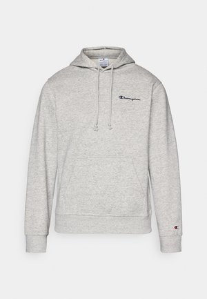 Grey hoodie with a drawstring, kangaroo pocket, and embroidered logo on the chest. Cotton blend fabric with ribbed cuffs and hem.