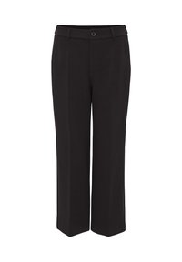 Pantalon de costume noir à coupe droite, avec passants pour ceinture, fermeture avant à boutons, et pli au centre de chaque jambe.
