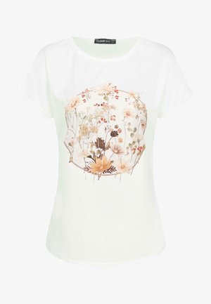 White short-sleeve t-shirt featuring a floral print in soft pastel colors, with a circular design and subtle texture.