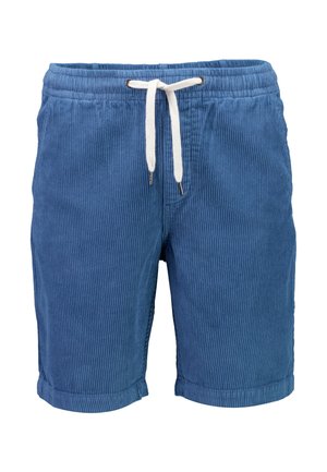 Niebieskie sztruksowe szorty z elastycznym pasem i białym sznurkiem, długości do kolan, w stylu casual.