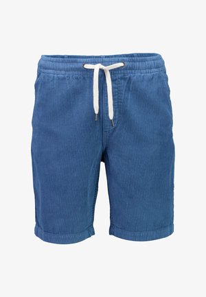 Blauwe corduroy shorts met elastische tailleband en witte trekkoord, knielang en casual stijl.