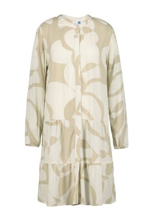 Sukienka o długości do kolan z długimi rękawami, w beżowo-biały abstrakcyjny kwiatowy wzór, z okrągłym dekoltem, marszczonym talią i detalami na dole.