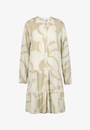 Vestido de manga larga hasta la rodilla con patrón floral abstracto en beige y blanco, escote redondo y detalles fruncidos en la cintura y el dobladillo.