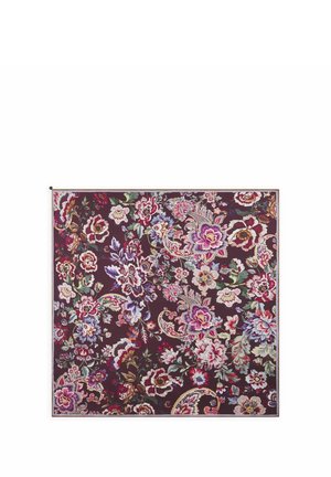 Square scarf with dense floral patterns in pink, purple, white, and green tones on a dark maroon background.