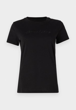 T-shirt in cotone nero con scollatura rotonda e maniche corte. Presenta un logo ricamato sottile in filo scuro sul davanti.