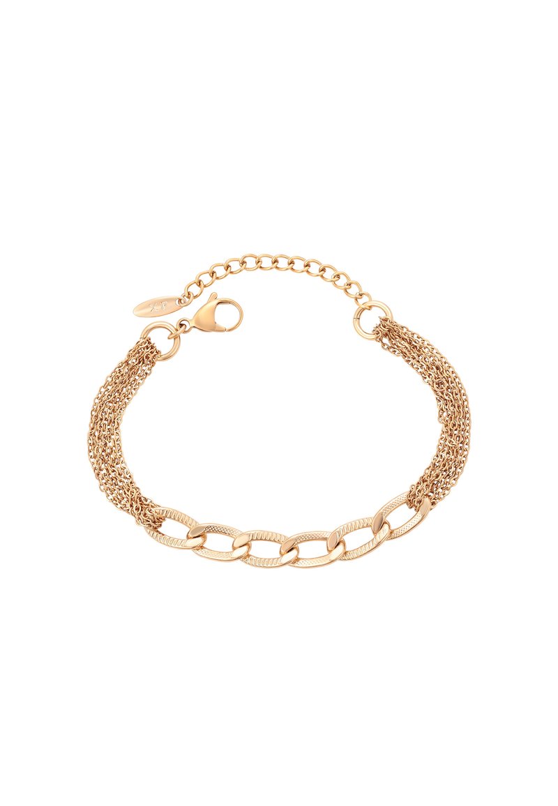 Bracciale color oro con design a catena e finitura testurizzata, dotato di una sezione a catena intrecciata, chiuso da un gancio a moschettone.