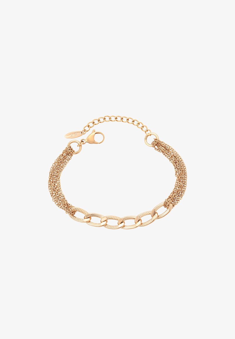 Armbandet i guldton har en kedjelänkdesign med en texturerad yta och en vävd kedjadel, som säkras med en karbinlås.