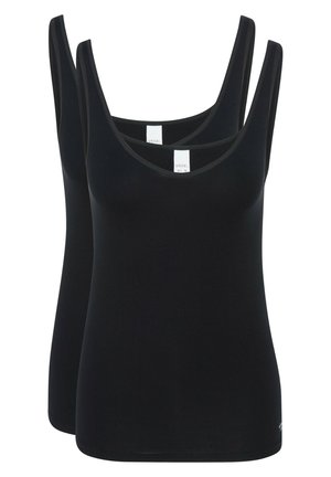 Schwarze Tanktops mit dünnen Trägern, aus weichem, dehnbarem Stoff. Mit rundem Halsausschnitt und nahtlosem Design, geeignet zum Lagen-Look.