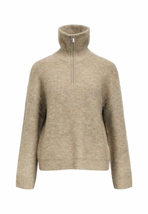 Beige wollen turtleneck trui met een halve rits, ontspannen pasvorm, geribbelde halslijn en manchetten. Zachte textuur met subtiele kleurvariaties.