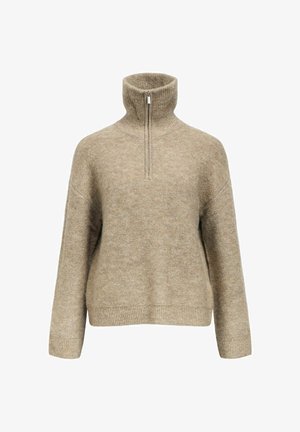 Beige wollen turtleneck trui met een halve rits, ontspannen pasvorm, geribbelde halslijn en manchetten. Zachte textuur met subtiele kleurvariaties.