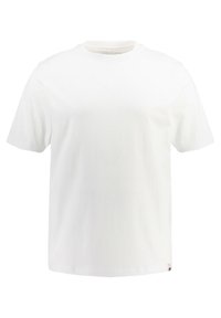 Hvid bomulds t-shirt med rund halsudskæring, korte ærmer og lige kant. Har diskret syning nær kraven.