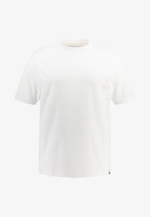T-shirt bianco in cotone con scollo a girocollo, maniche corte e orlo dritto. Presenta dettagli di cucitura discreti vicino al colletto.