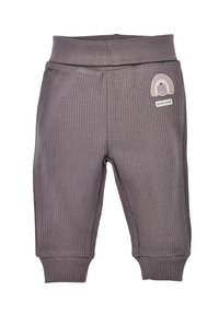 Graue, gerippte Kinderhosen mit einem weichen, elastischen Bund, schmal zulaufenden Bündchen und einem kleinen Regenbogen-Patch mit aufgenähtem Text an der Seite.