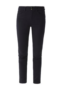 Marineblauwe stretchstof broek met een slim fit, vijf zakken, dubbele knoopsluiting en minimale stikdetails.
