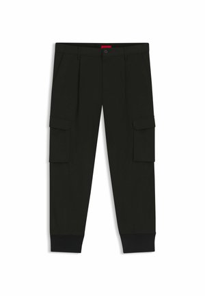 Svarta cargobyxor med två sidofickor, elastiska muddar och knappstängning. Tillverkade av lätt tyg med en slät textur.